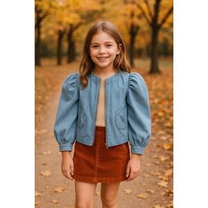 Nikolia Kids Puff Sleeve Denim Bomber Jacket Light Blue Cotton Zip - 9-10 Years